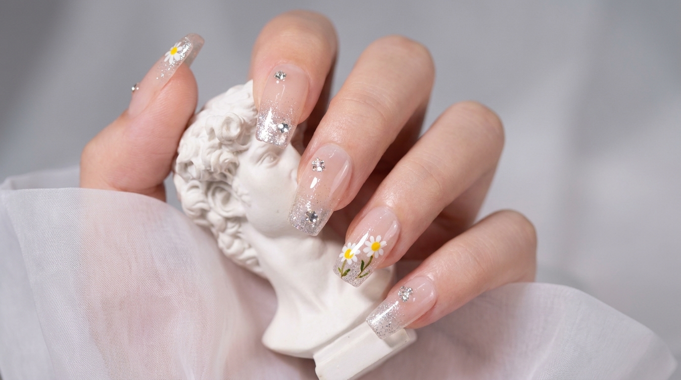 Hand-Painted Daisy Gel Nail Art with Reflective Gradient
