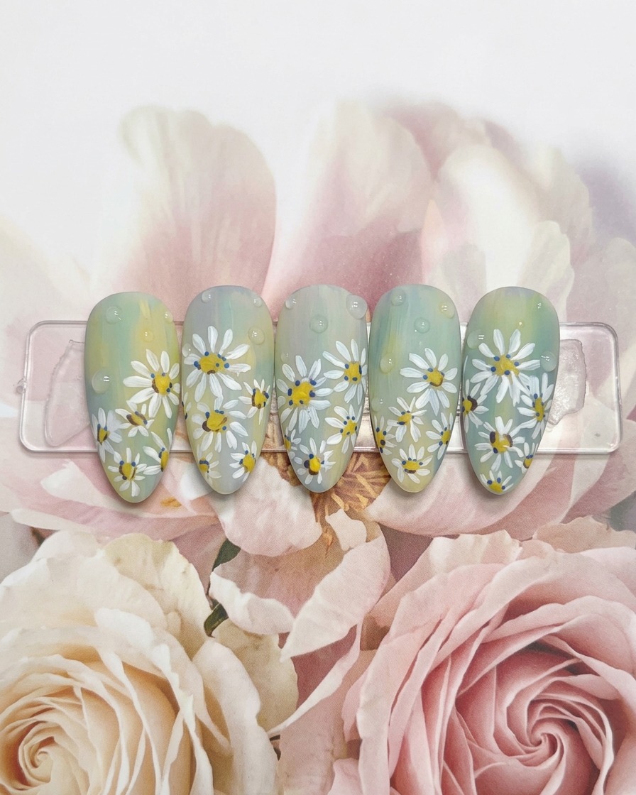 A brush gently swirling and blending colored gel blobs on a nail surface.