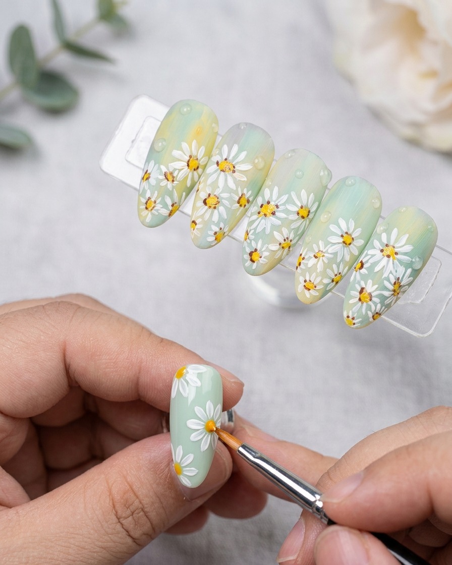 A close-up of a dotting tool applying a drop of clear, thick gel onto a matte-finished, daisy-patterned nail.