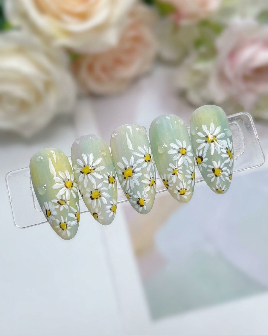 A high-magnification shot of a manicured nail with delicate, clear gel drops strategically placed over the floral design.