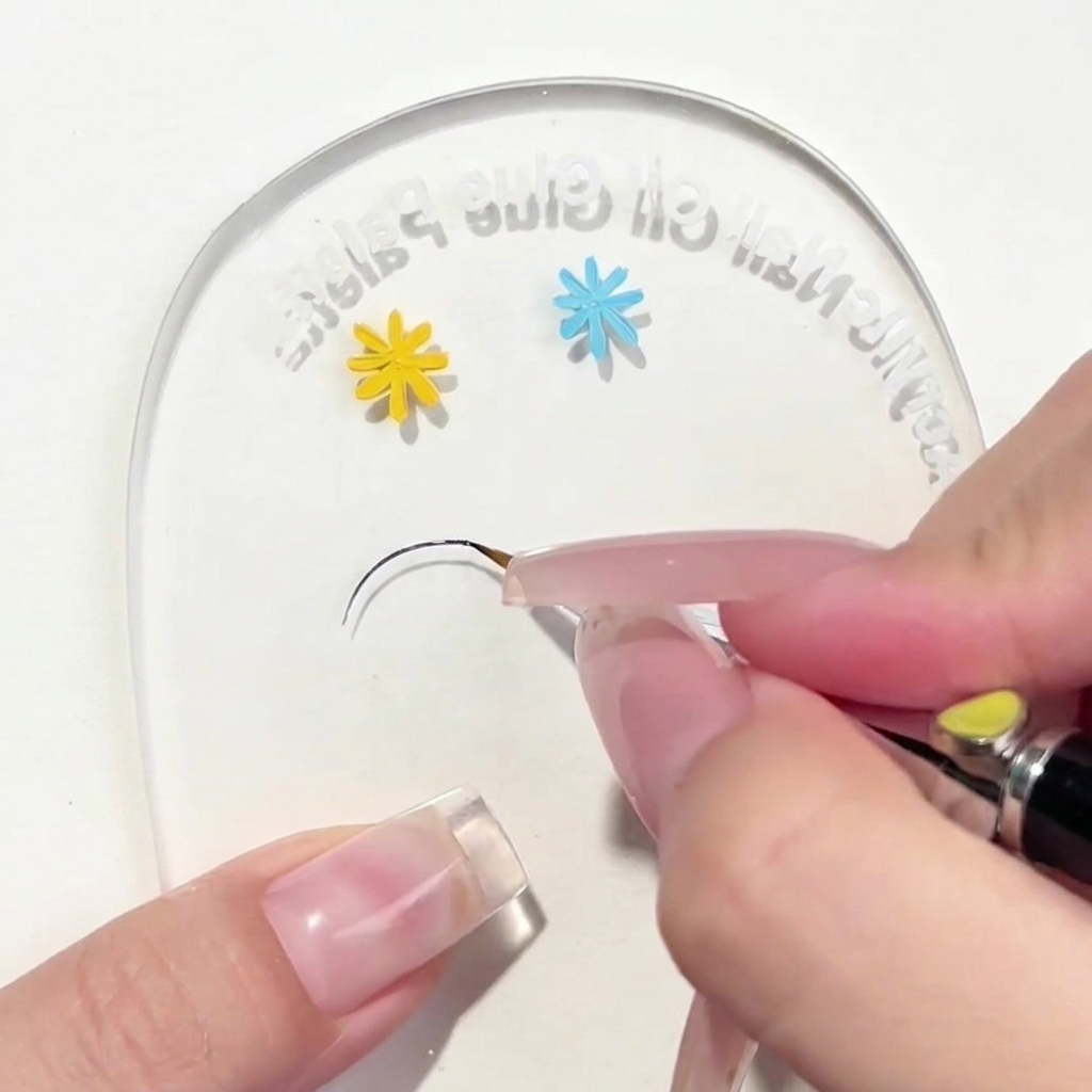 A close-up of a liner brush drawing a thin, dark vertical line on a clear acrylic palette.