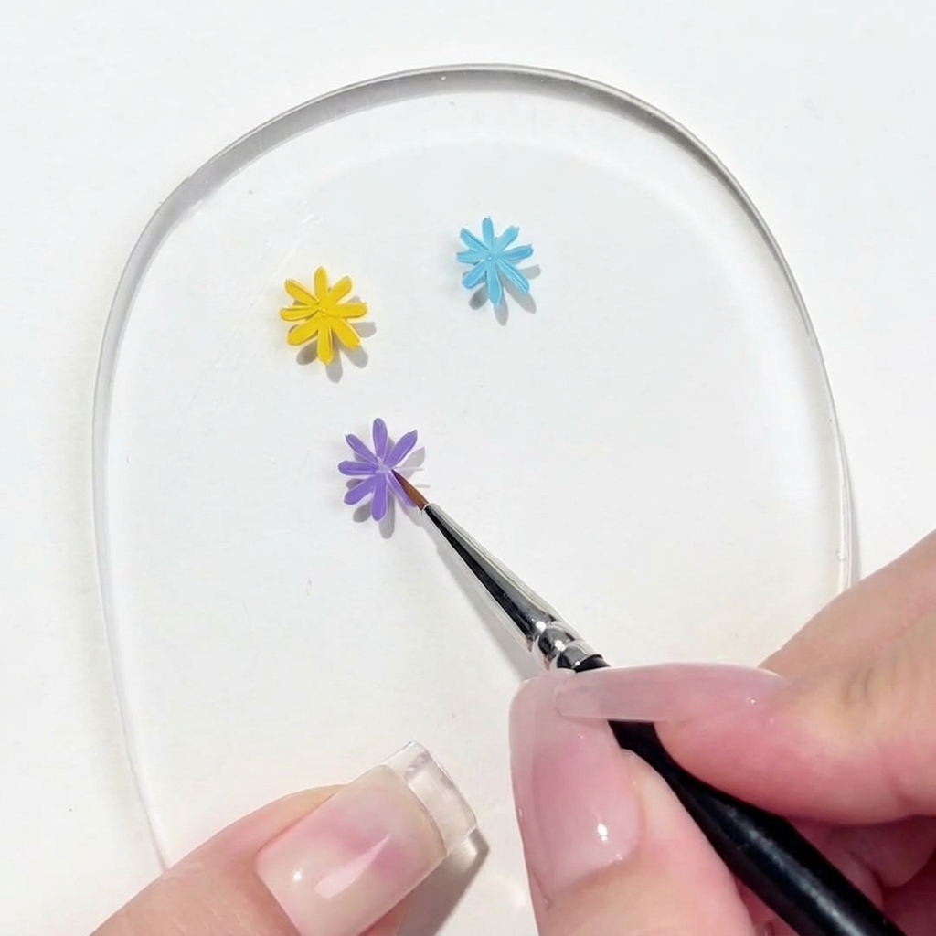 A close-up view of a detail brush completing the last petal of a purple daisy design on a clear nail art palette.