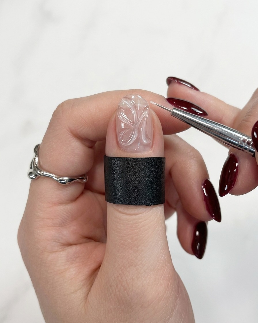 A close-up of a brush adding thin, elegant detail lines to the white floral petals on the nail.