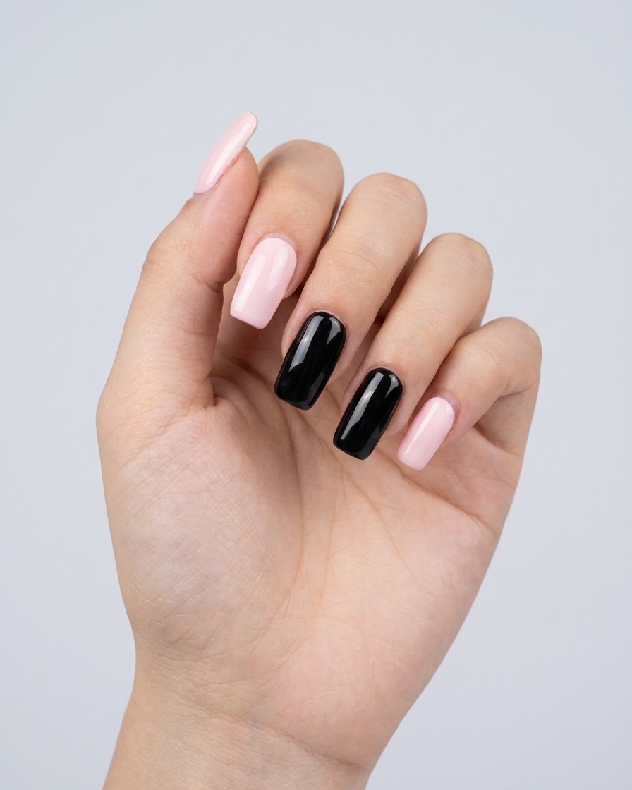 A close-up of a fine liner brush drawing a straight white line horizontally across the center of a black nail.