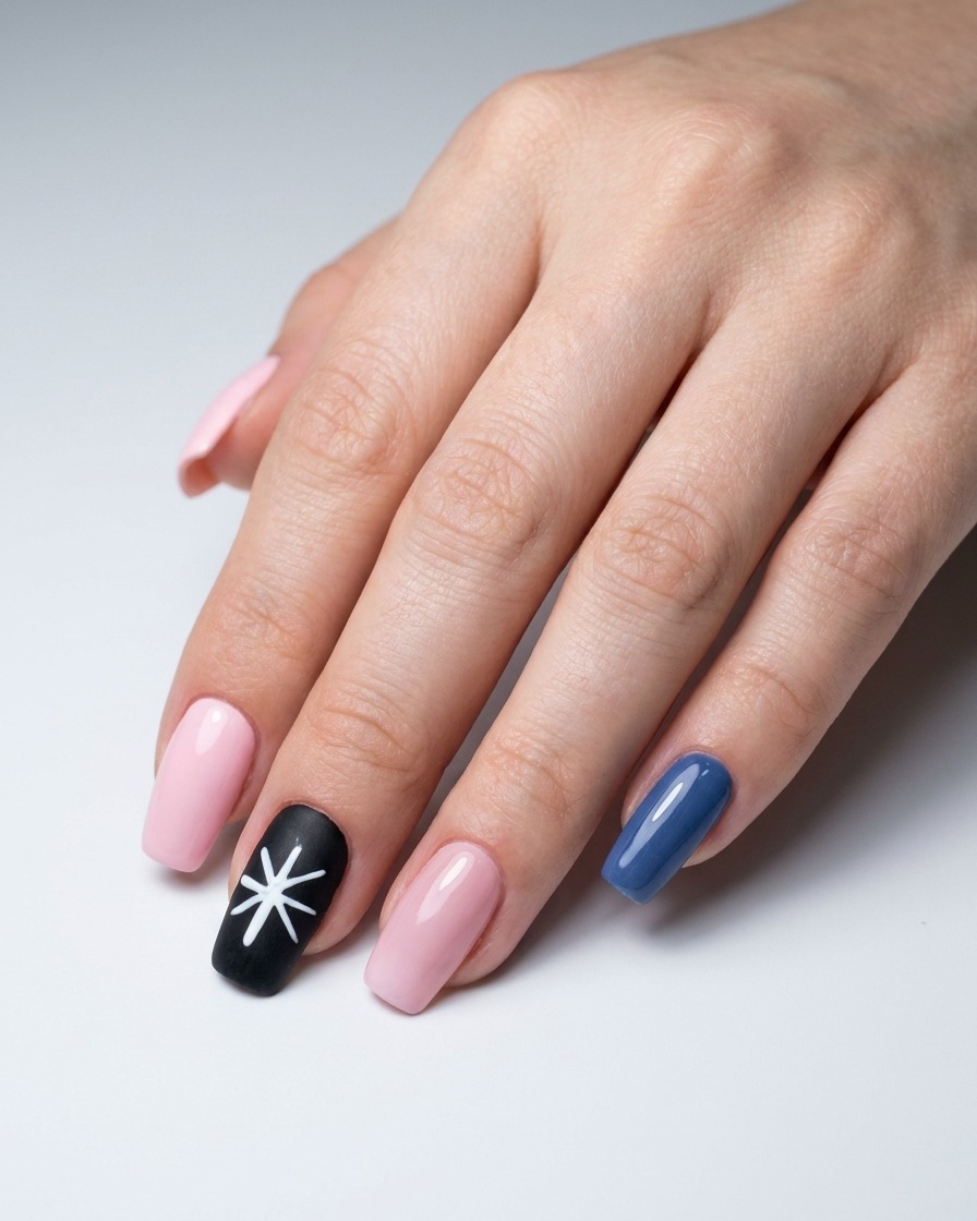 A close-up showing a dotting tool placing small, precise white dots at the tips of the white star design.