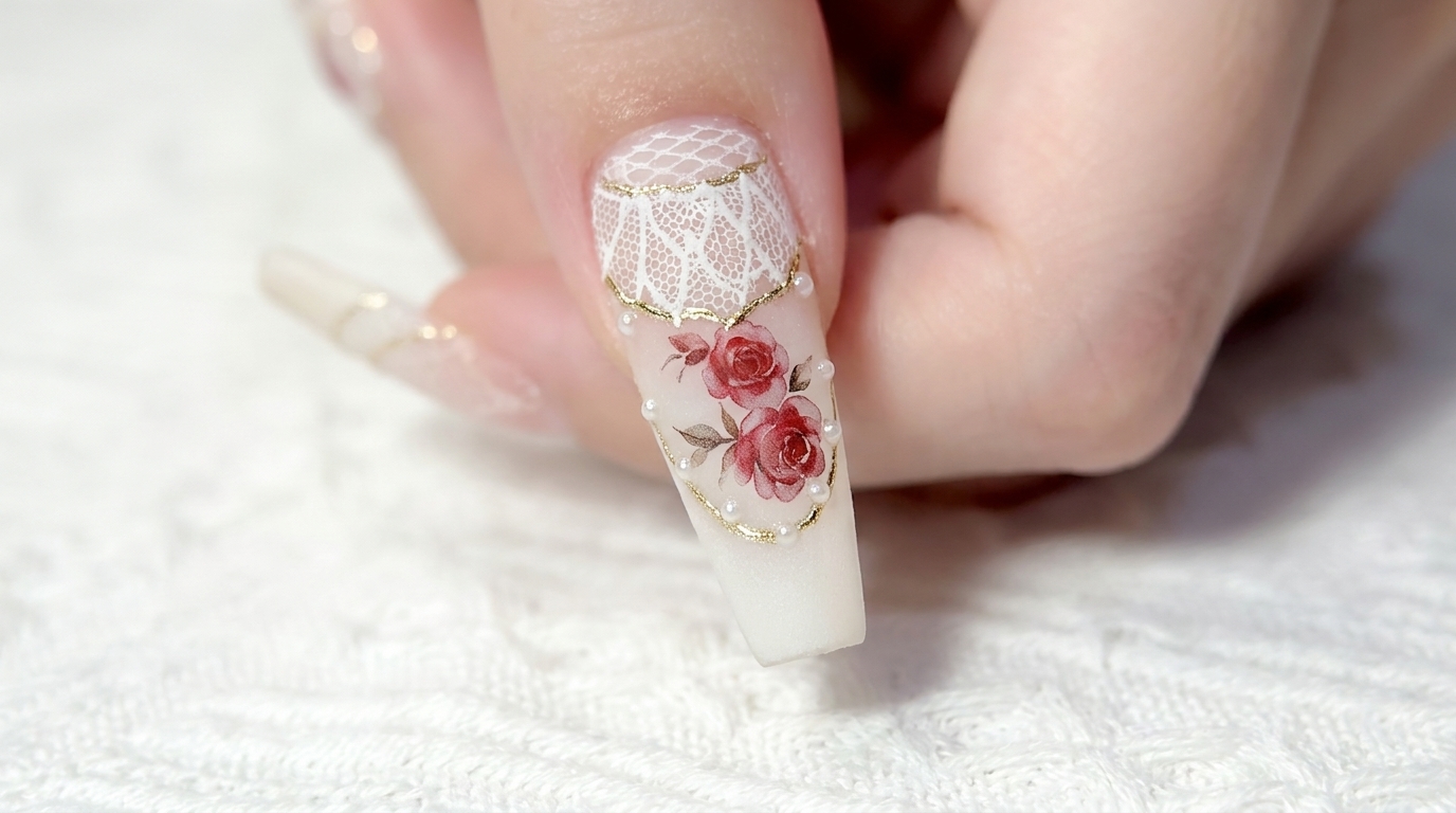 Vintage Lace & Watercolor Rose Nail Art — Step-by-Step Tutorial
