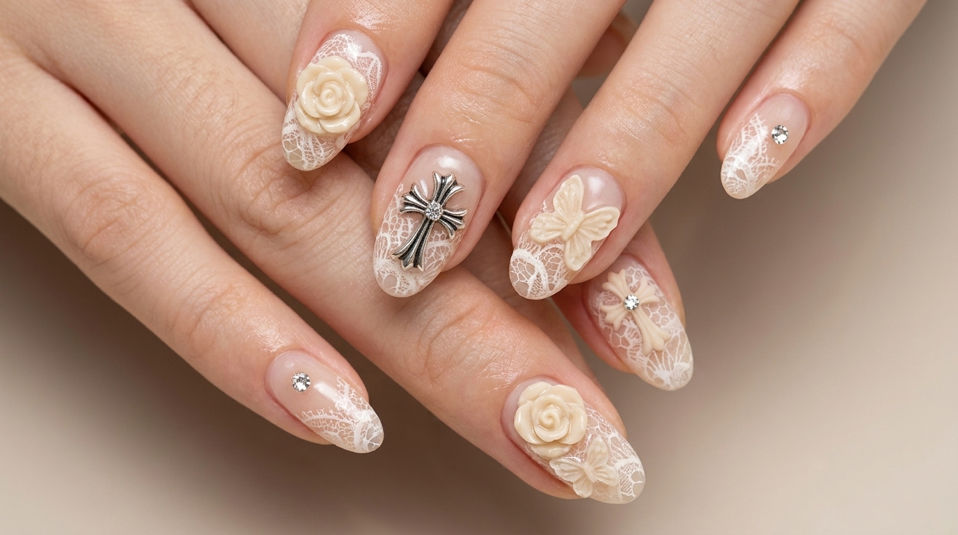 Elegant vintage nail art featuring delicate white lace, 3D embossed roses, and polished Chrome Heart silver charms.