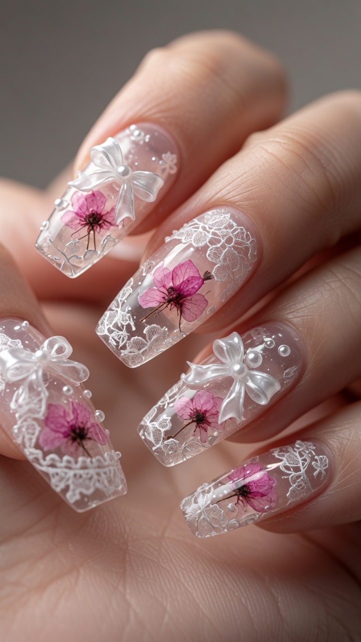 3D Dried Flower & Ribbon Bow Gel Nail Tutorial