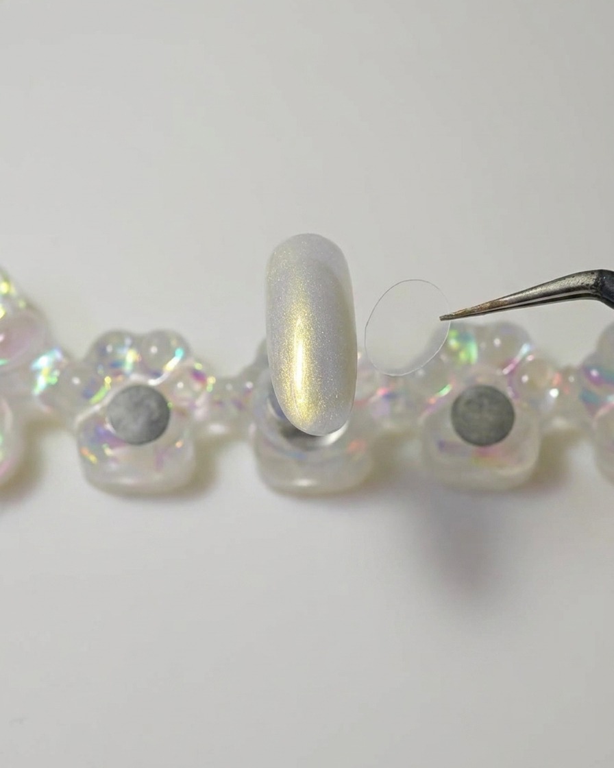A pair of tweezers holding a small, circular piece of clear plastic above a manicured nail.