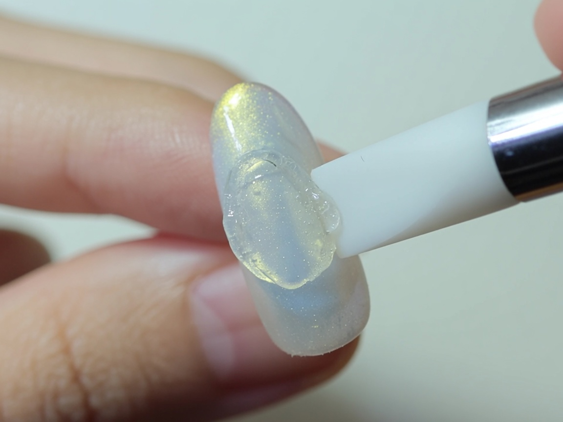 A brush applying a thin layer of white gel polish over a clear plastic base on a nail.