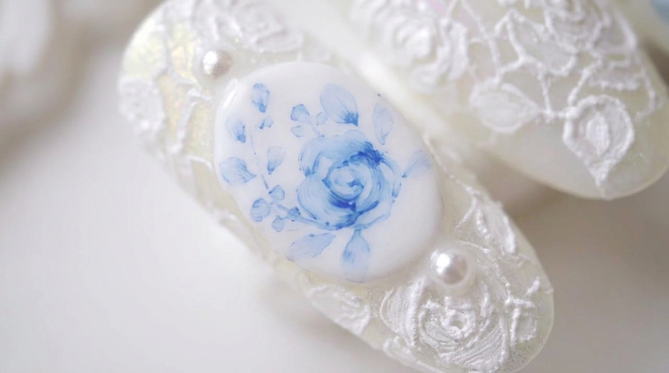 3D Relief Lace and Hand-Painted Blue Rose Nail Art Tutorial