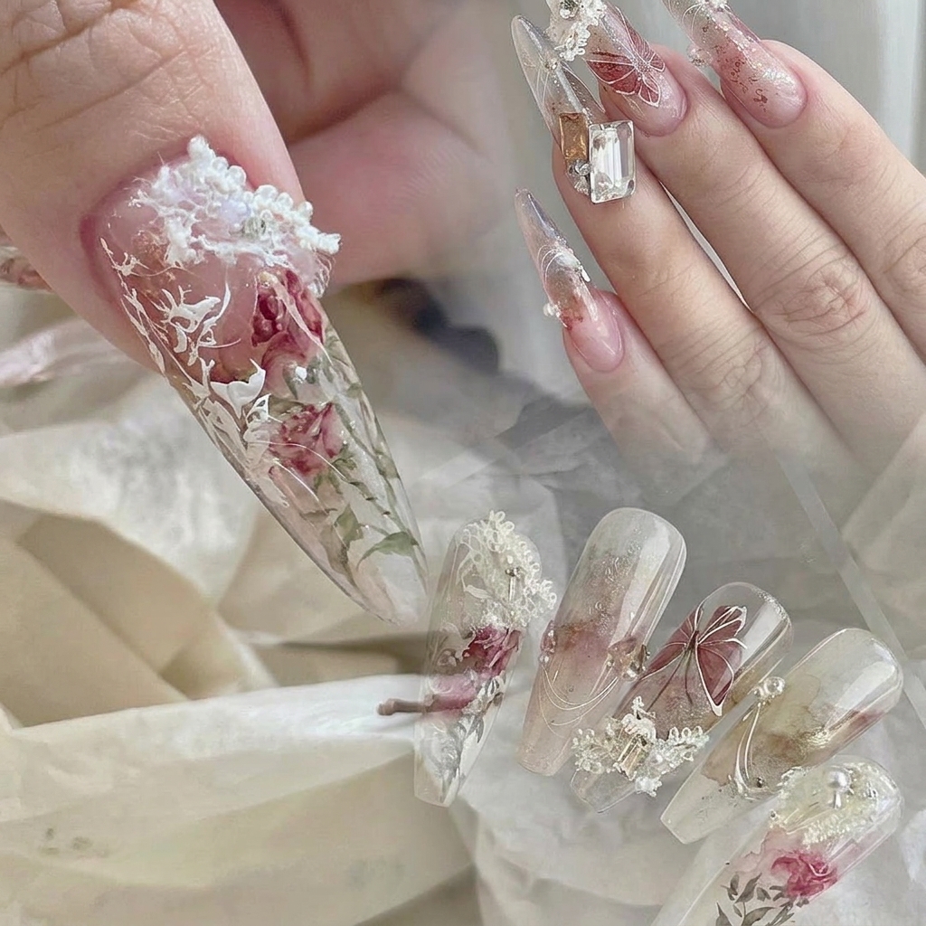 Close-up of scattered silver foil pieces being pressed onto a clear nail base.