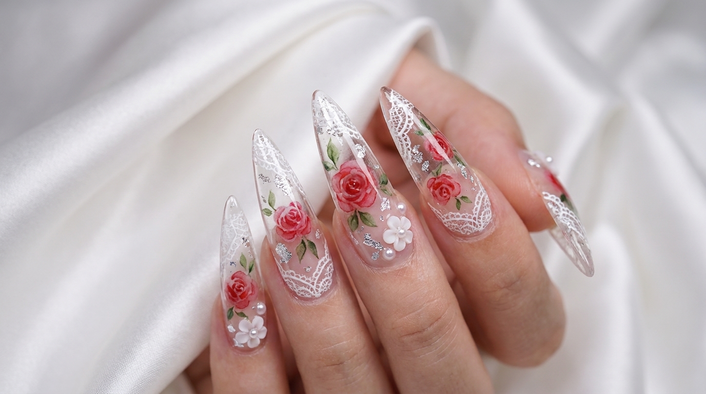 Clear Stiletto Watercolor Rose and Lace Nail Art Tutorial