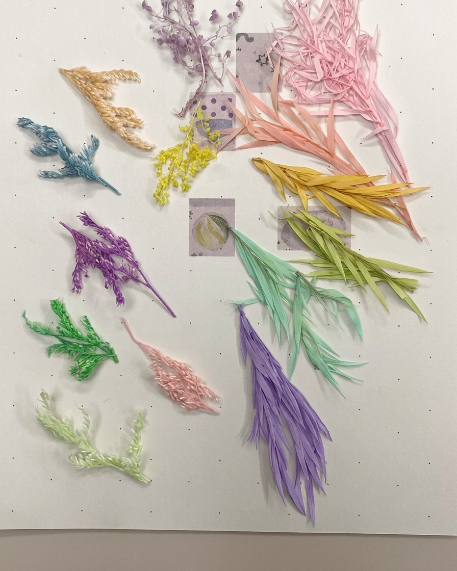 Yellow linear dried flower material being placed onto a nail surface as part of an encapsulation process.