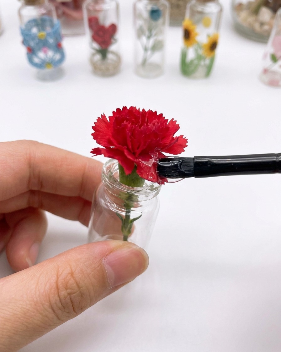 A small brush applying a clear top coat to the surface of a red carnation flower set in a small glass nail charm.