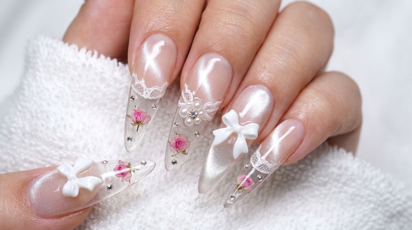 Ice-Sealed Dried Rose Cat-Eye Nails with 3D Bows — Step-by-Step Tutorial