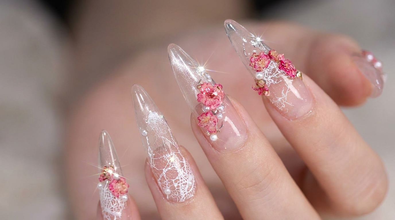 Ethereal Dried Flower and Lace Nail Art — Step-by-Step Tutorial