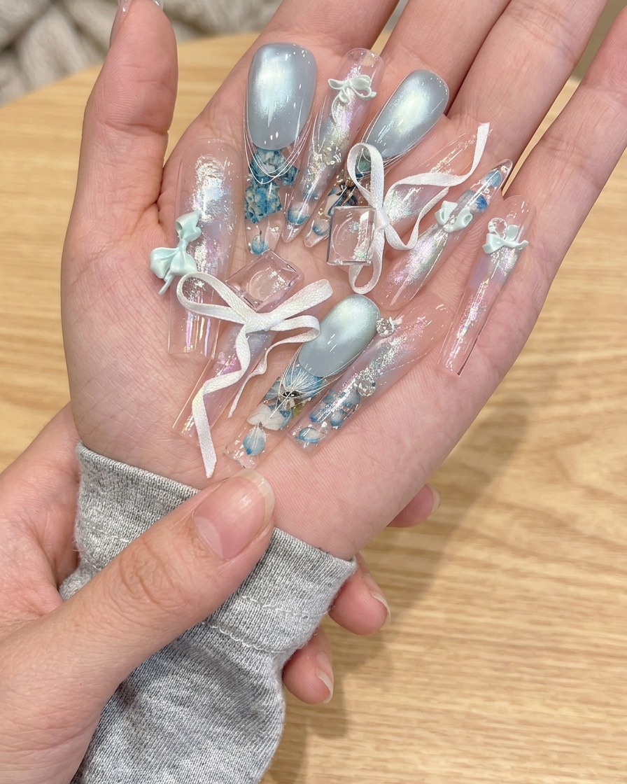 A clear stiletto nail tip being adhered to a natural fingernail using a brush-on glue application.