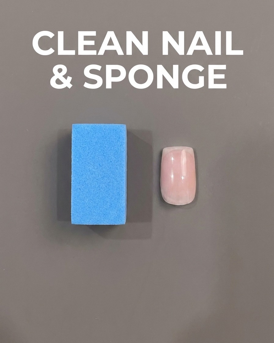 A French guide sticker being carefully placed on a bare, clean nail.