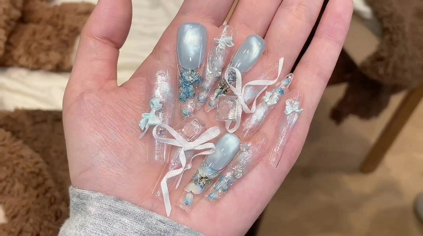 Glacier Blue Encapsulated Dried Flower Nails — Stiletto Tutorial