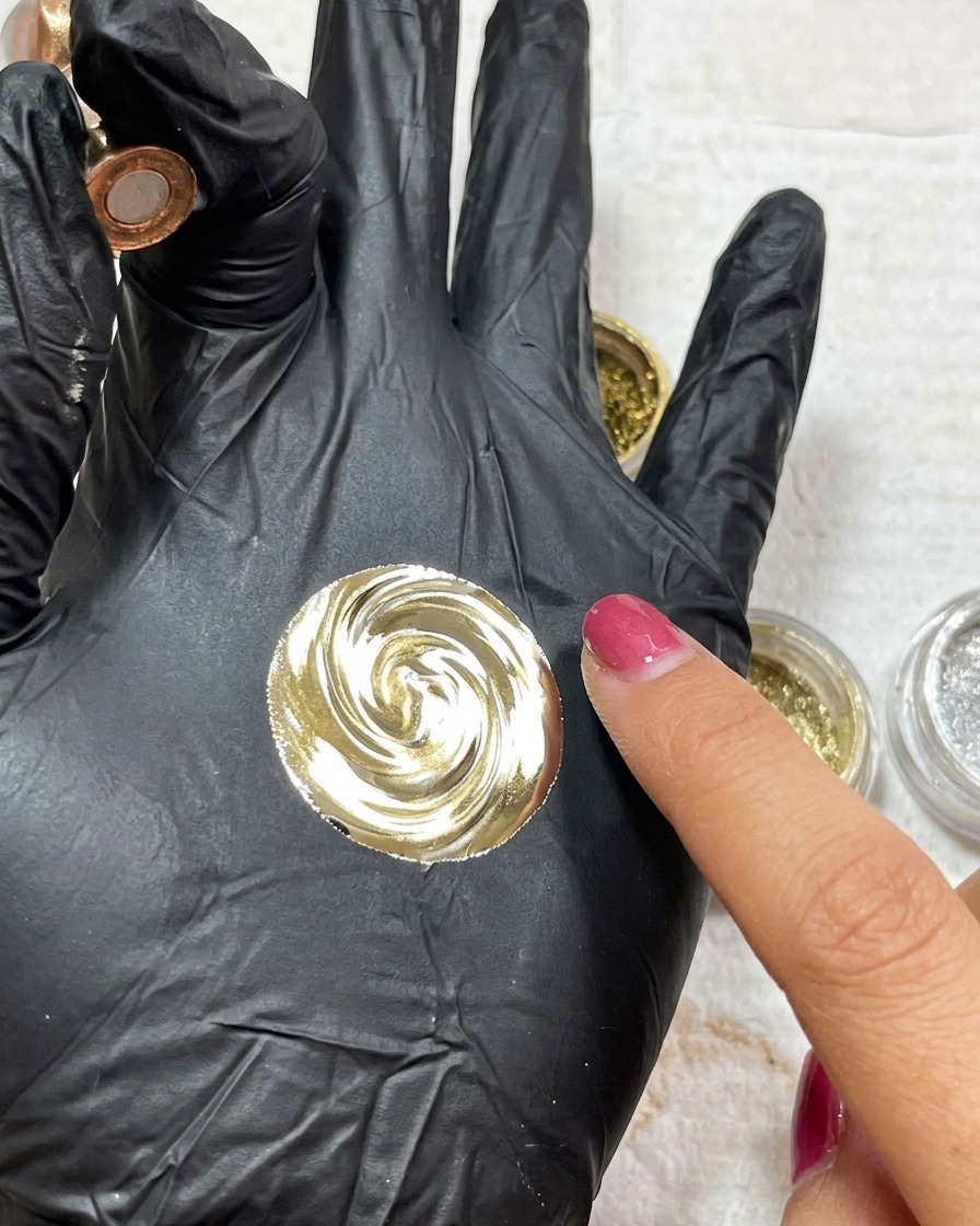 A gloved finger rubbing a mix of gold and silver metallic powders onto a swirl design on a black-gloved surface.