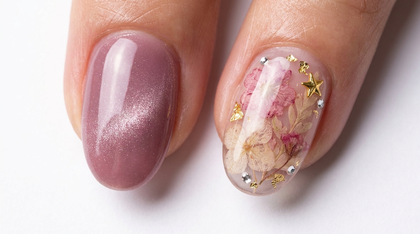 Spring Dried Flower Cat-Eye Nail Art Tutorial