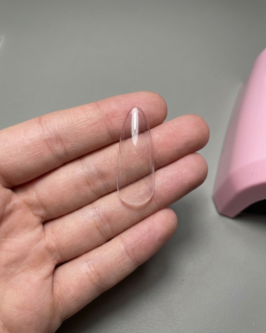 A clear nail tip held in a hand with a French sticker applied across the top section.