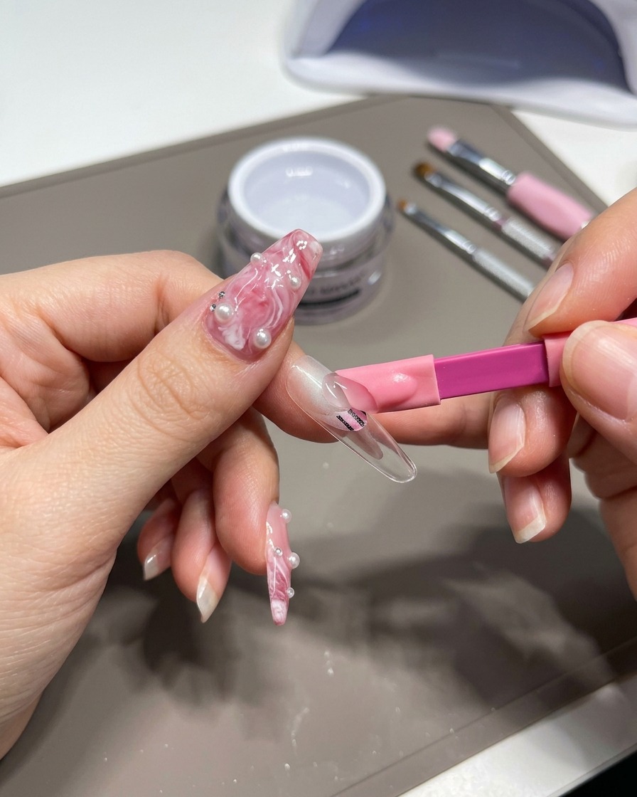 A hand placing a nail tip inside a small, pink UV lamp for curing.
