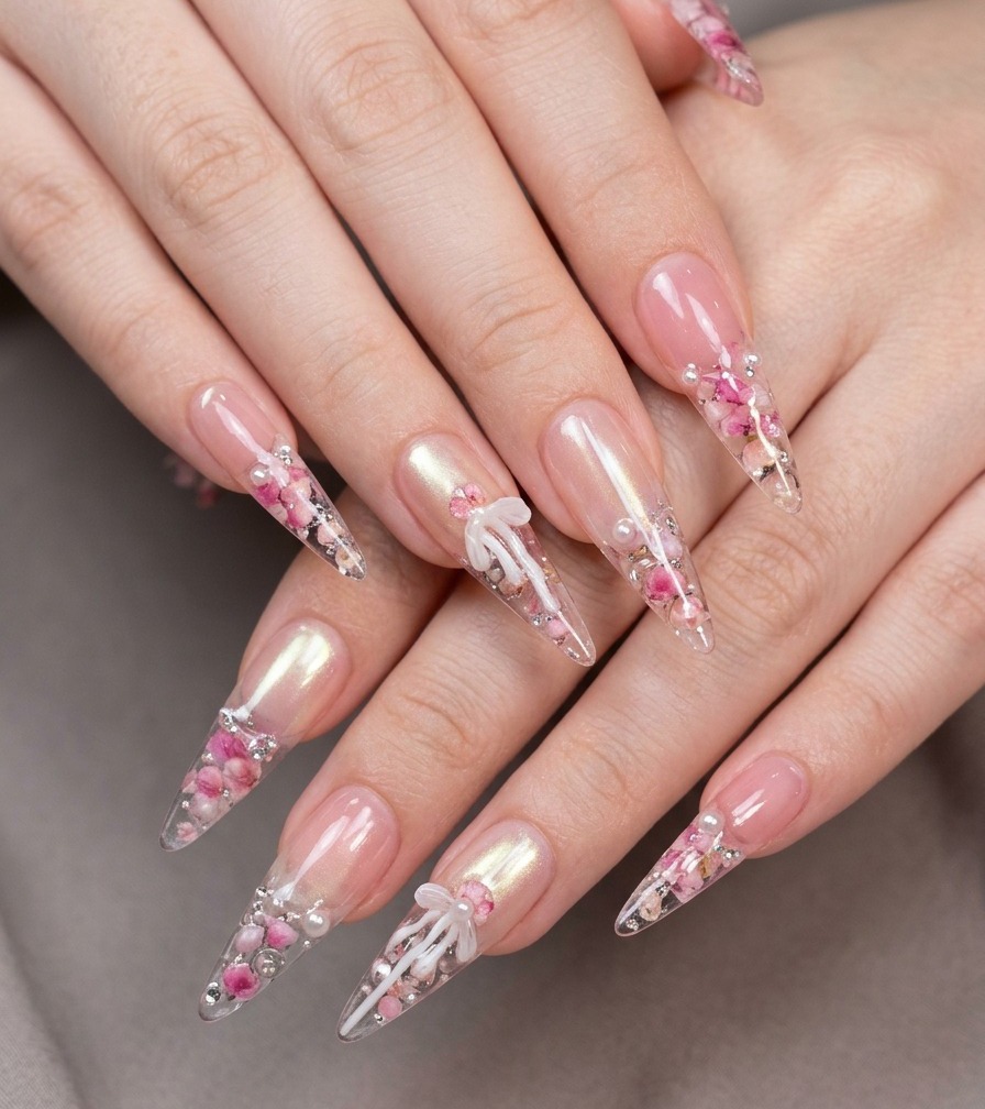 A brush applying clear base gel to the underside of an extended nail tip.