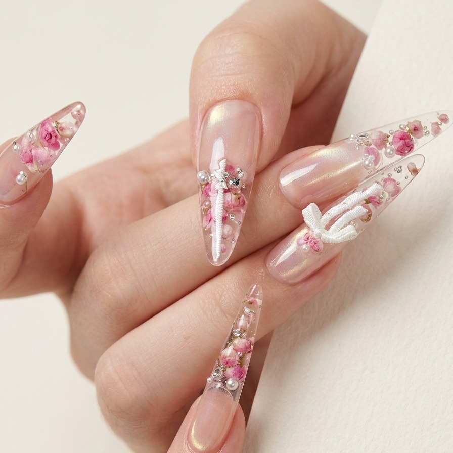 Tweezers placing small dried rose petals onto the underside of a clear nail tip.