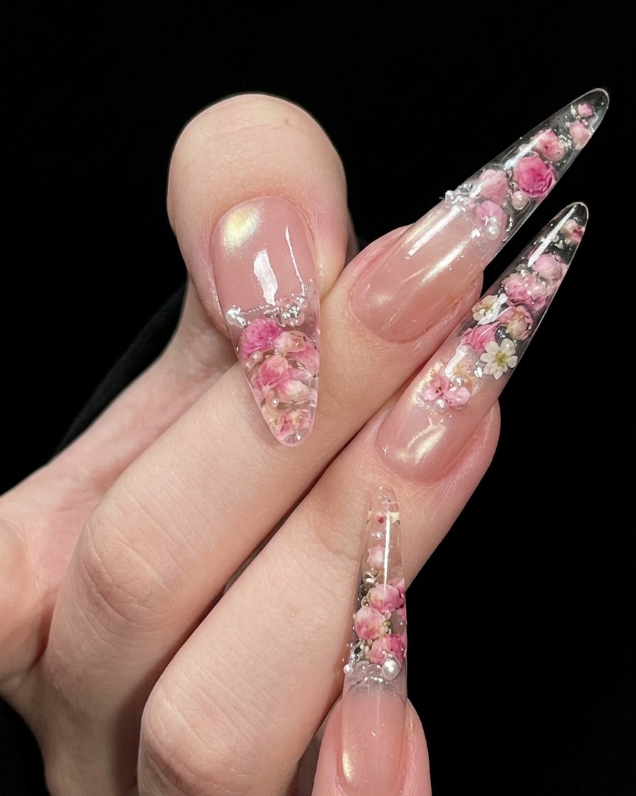Nails being cured inside a UV/LED nail lamp, focusing on the underside decoration.