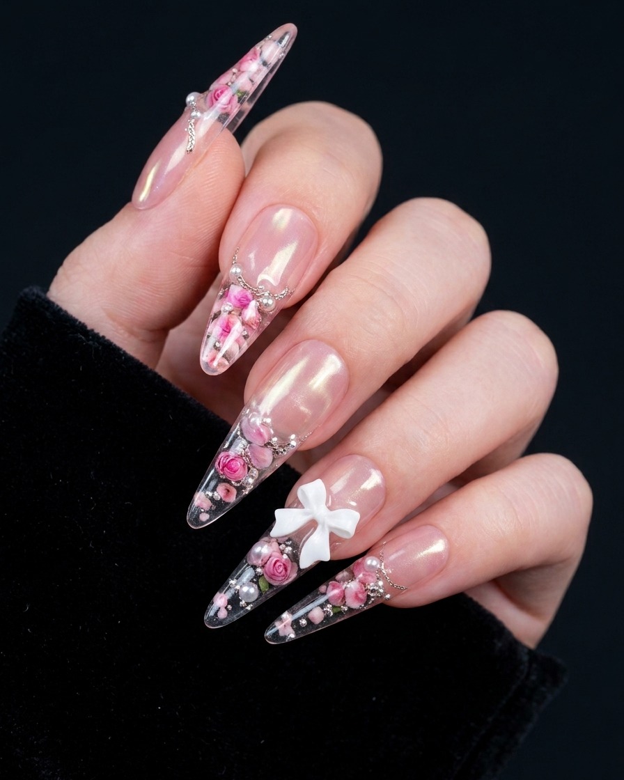 A close-up of a nail file being used to buff the surface of the encapsulated nail design.