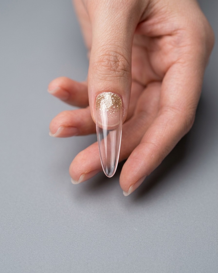 Applying a layer of clear base coat to the nail tip area, preparing it for flower placement.
