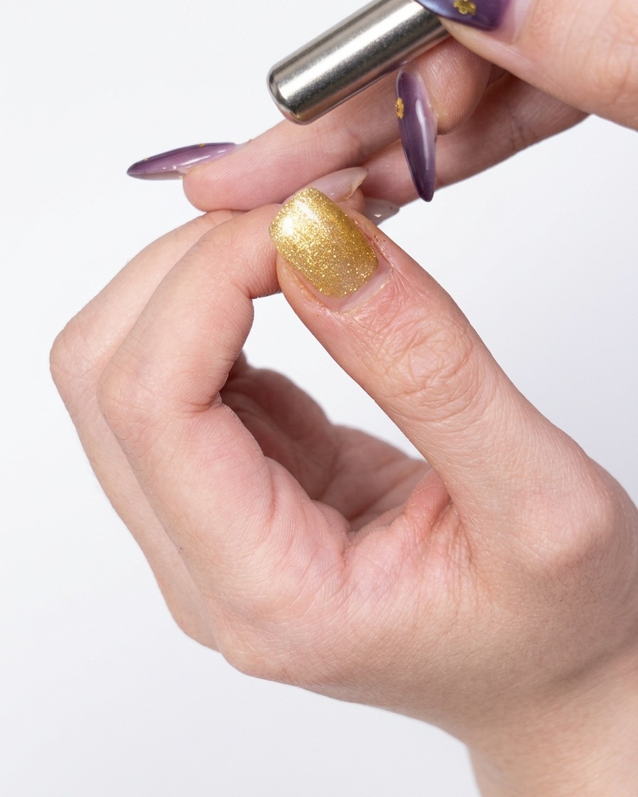 A magnetic tool held near the side of a gold gel-coated nail to shift the magnetic particles.