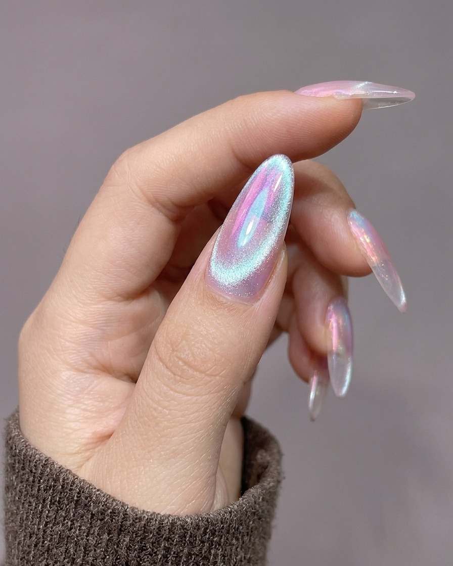 A close-up of a cylindrical magnet held vertically near the cuticle of a nail with wet cat-eye gel.