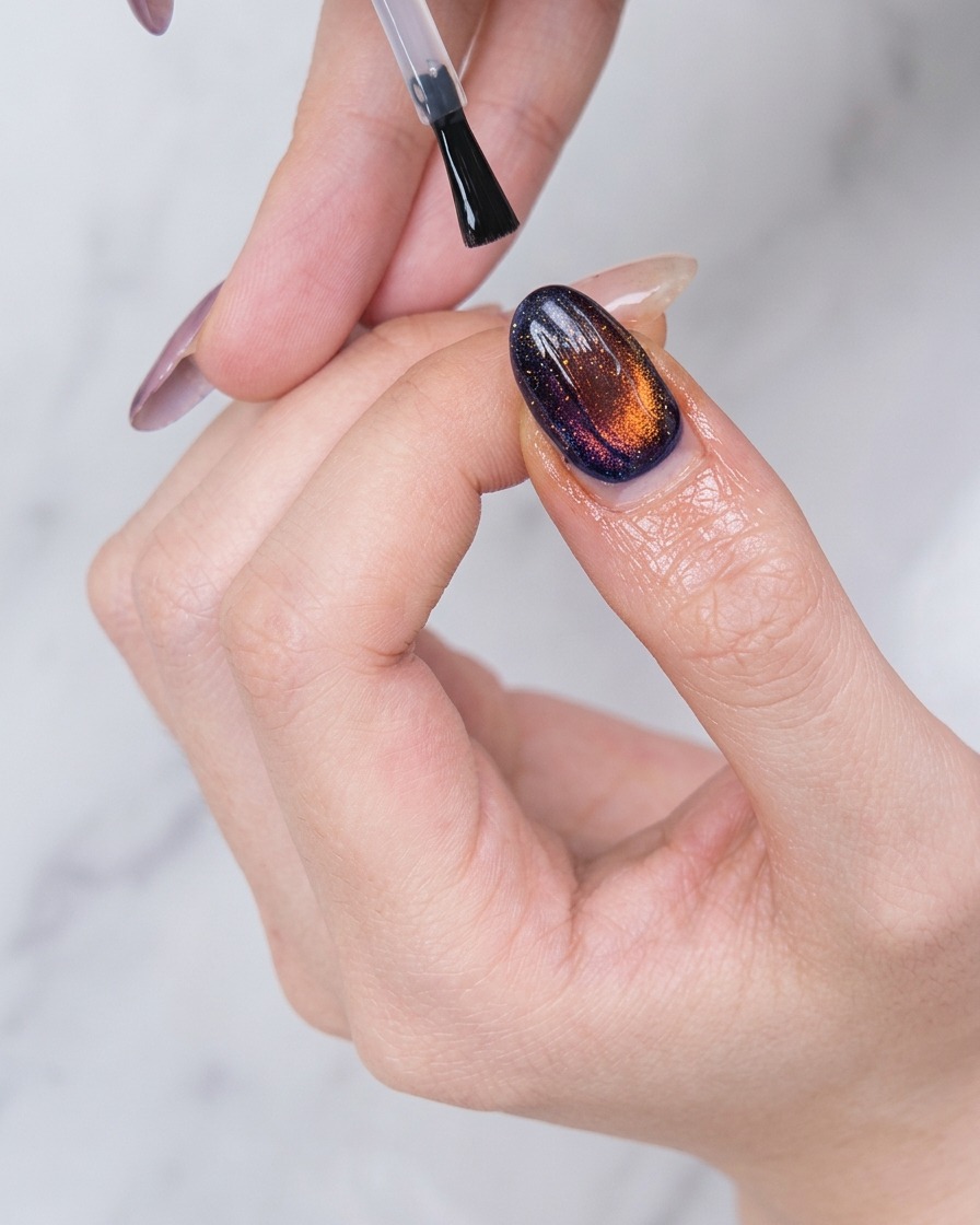 A brush applying a layer of clear, shiny top coat to a dark blue and amber cat eye gel nail.