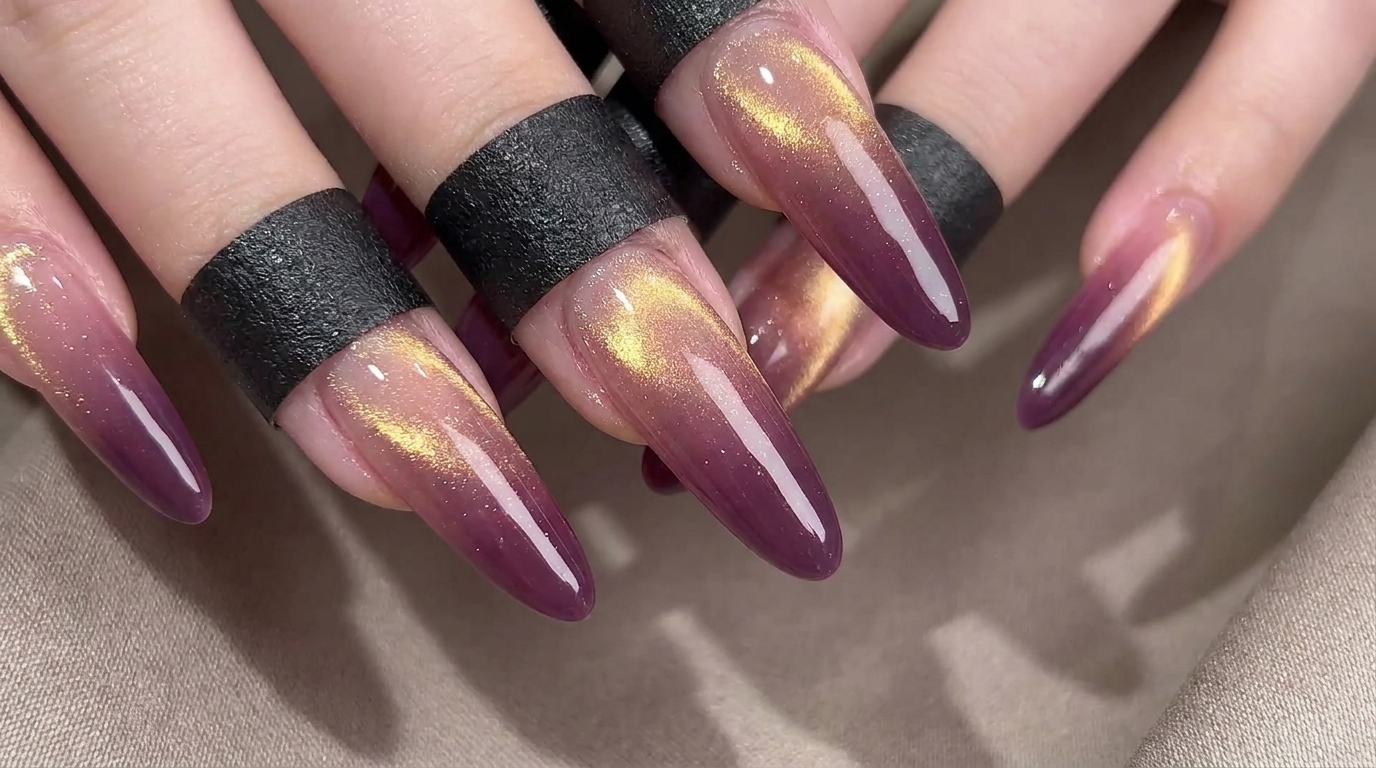 Purple & Gold Gradient Cat-Eye Nails — Step-by-Step Tutorial