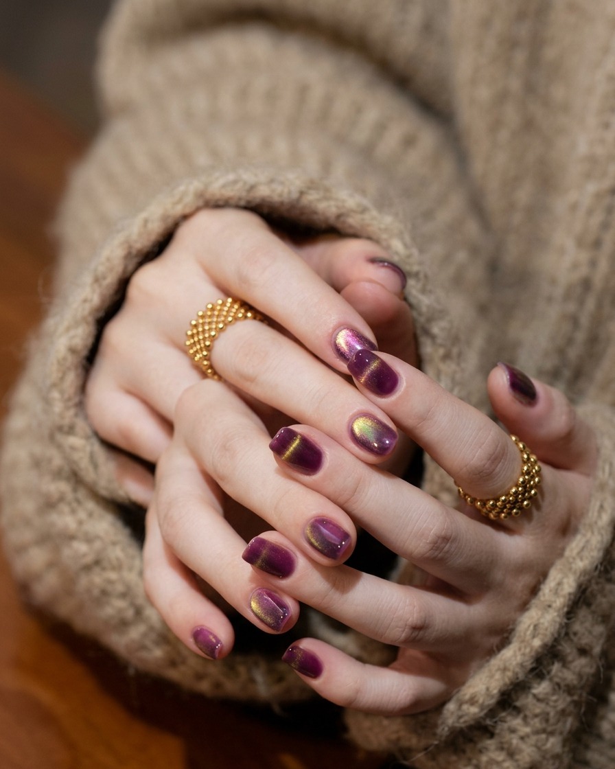 A hand positioned under a UV/LED nail lamp, with the purple and gold cat-eye effect visible on the nails.