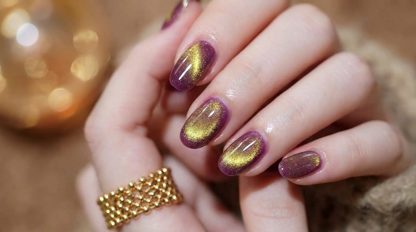 Purple and Gold Cat-Eye Gradient Nails — Professional Step-by-Step Tutorial