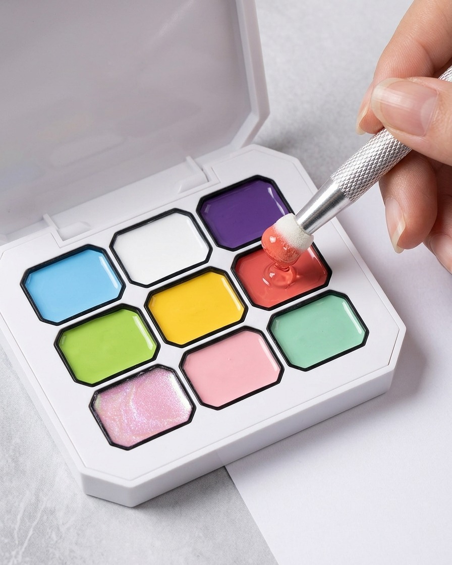 A close-up of a hand holding a nail art tool with a sponge tip, dipping it into a pink gel within a multi-colored nail gel palette.