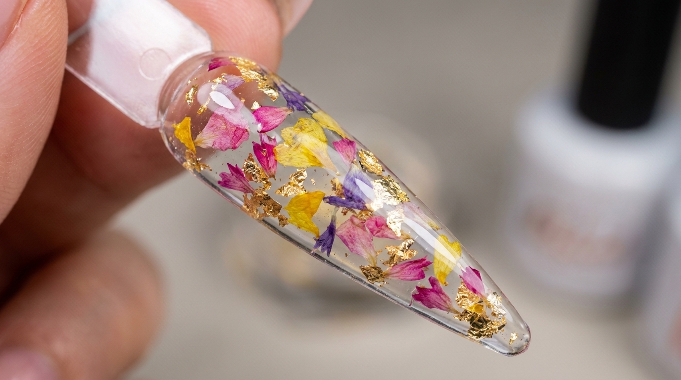 Floral Glazed Nail Art — Encapsulated Dry Flower Tutorial