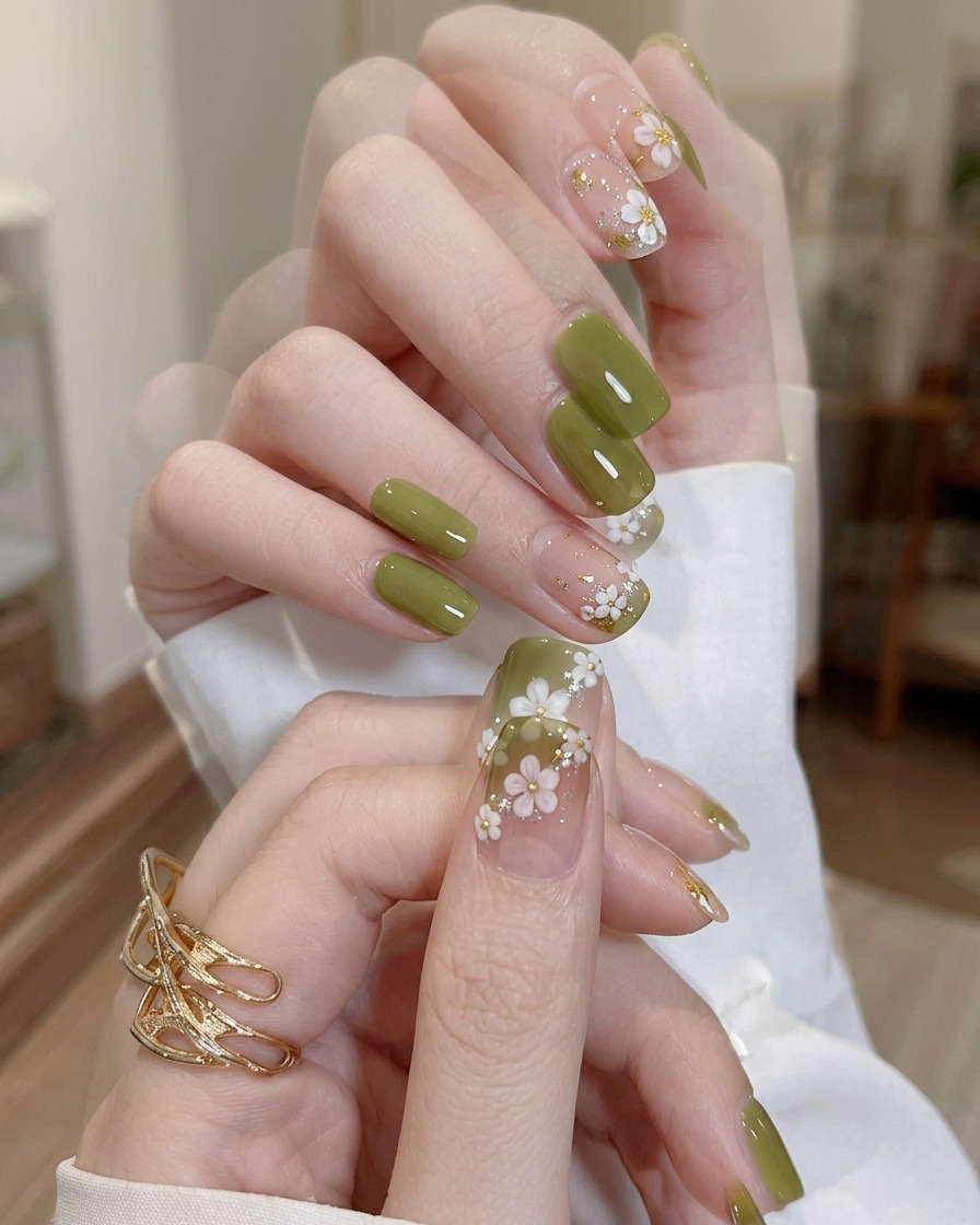 A brush applying a final layer of clear, glossy top coat over a finished nail design.