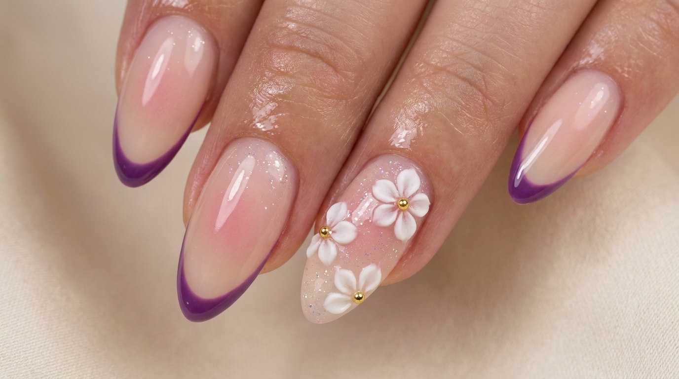 Pink Cherry Blossom and Glitter French Manicure Tutorial