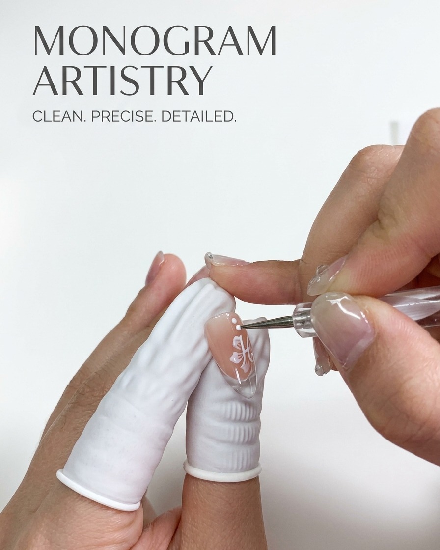A close-up of a fine liner brush adding thin white details to pink cherry blossom petals on a manicured nail.