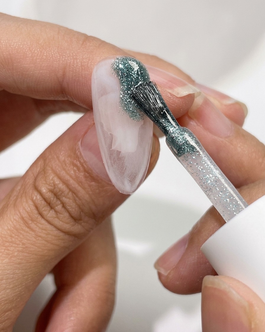 A brush applying silver glitter gel into the clear spaces of the marbled nail.