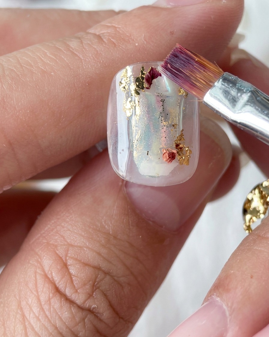 A flat brush being used to gently press and smooth out gold foil pieces on a nail.