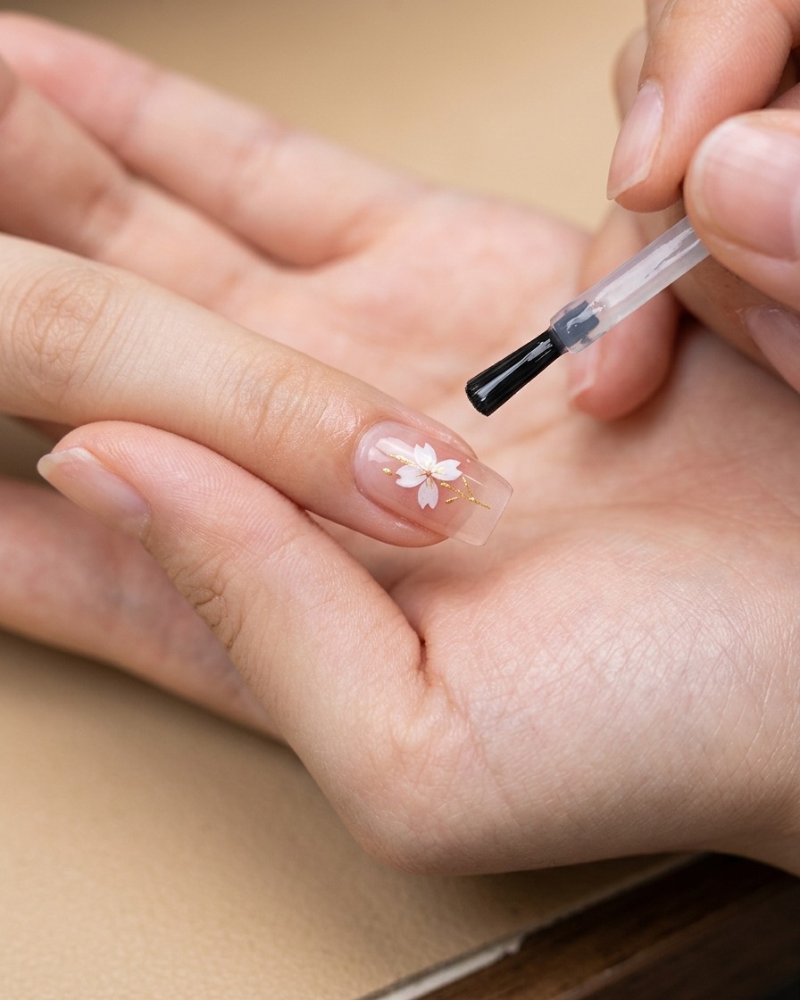 A brush applying a final clear, glossy coat of gel over a nail featuring a cherry blossom decoration.