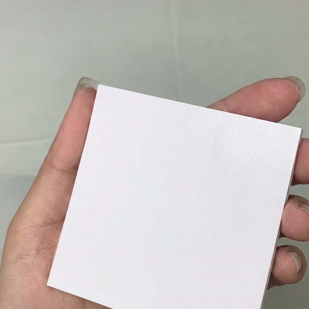 A hand holding a perfectly clean, white, non-porous square palette sheet against a neutral background.
