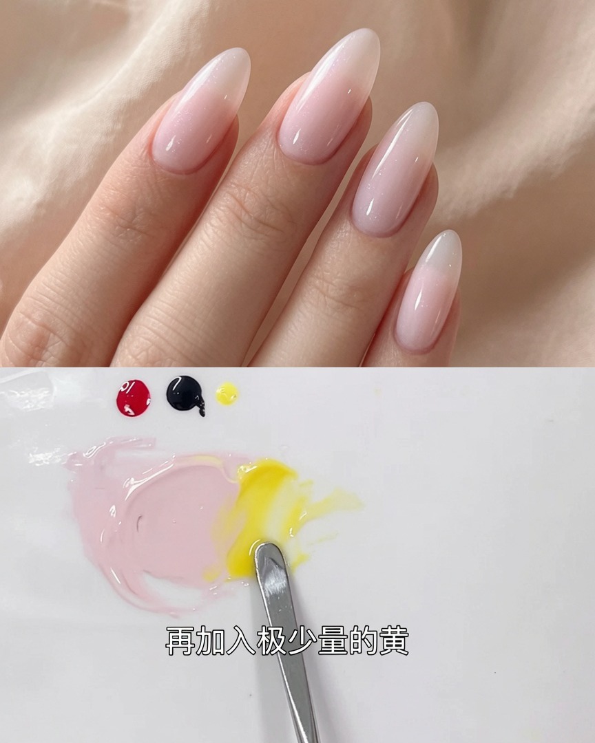 The spatula actively blending the yellow gel into the grayish-pink mixture on the palette.