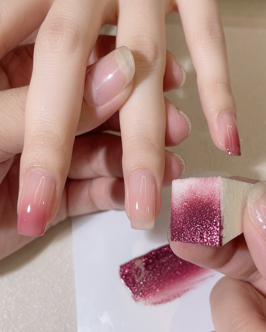 A sponge being dabbed onto the tip of a natural-looking nail to create a soft pink gradient.